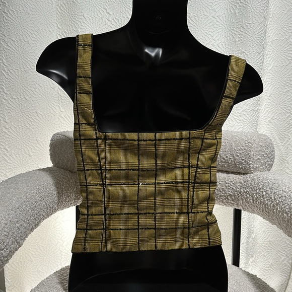 NBD Kent Saffron yellow gold black plaid square neck crop tank top S - Picture 13 of 14